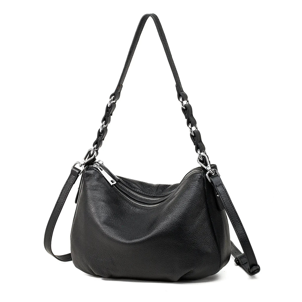 Leather handbag with fixed chain shoulder strap