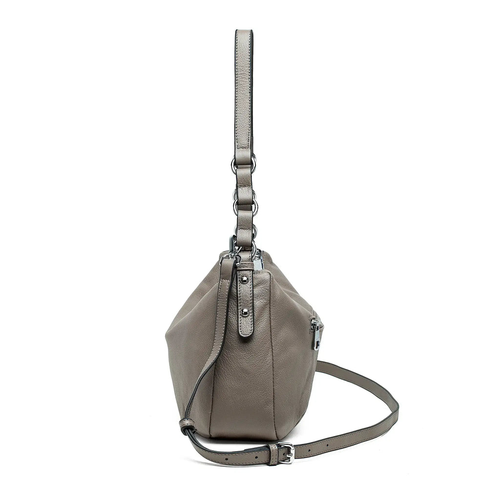 Side view of soft leather shoulder bag for women