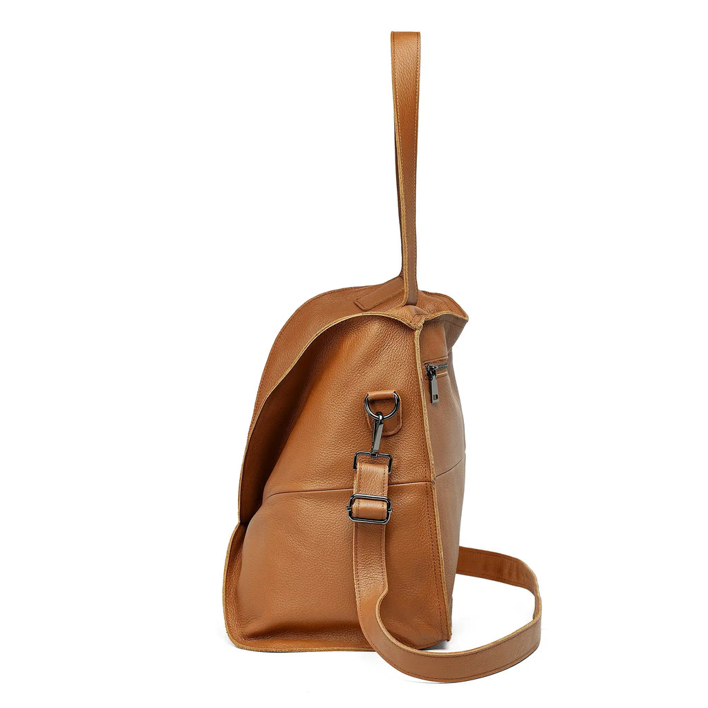 Side angle of women’s leather tote with short shoulder strap