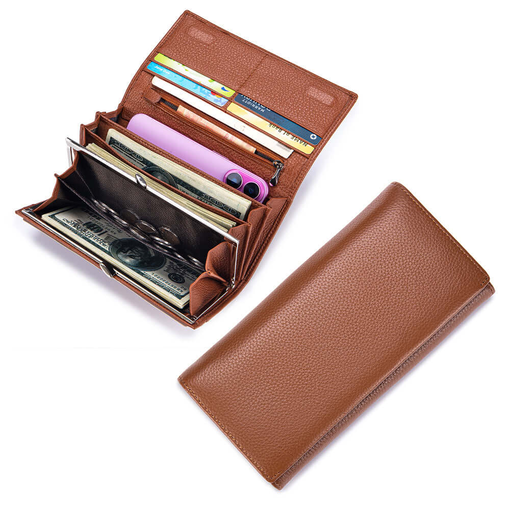 Inside view of brown long wallet