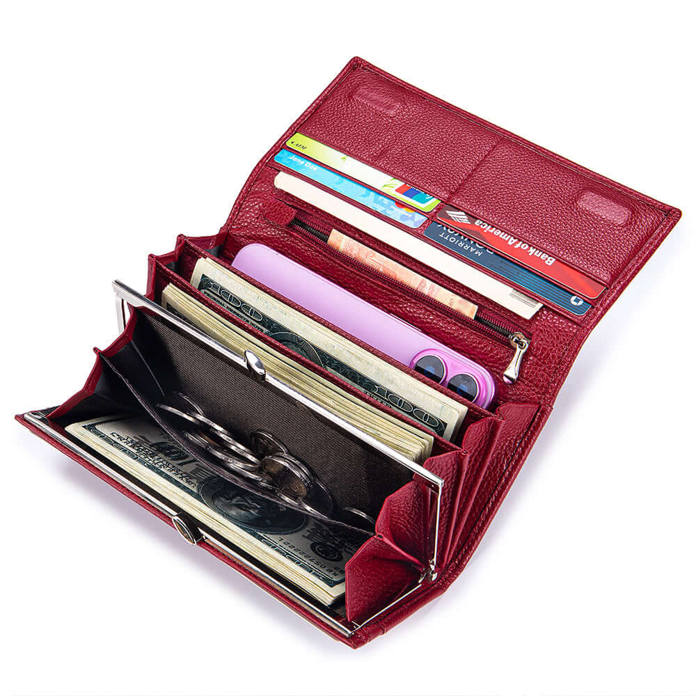 Red leather wallet with full capacity view
