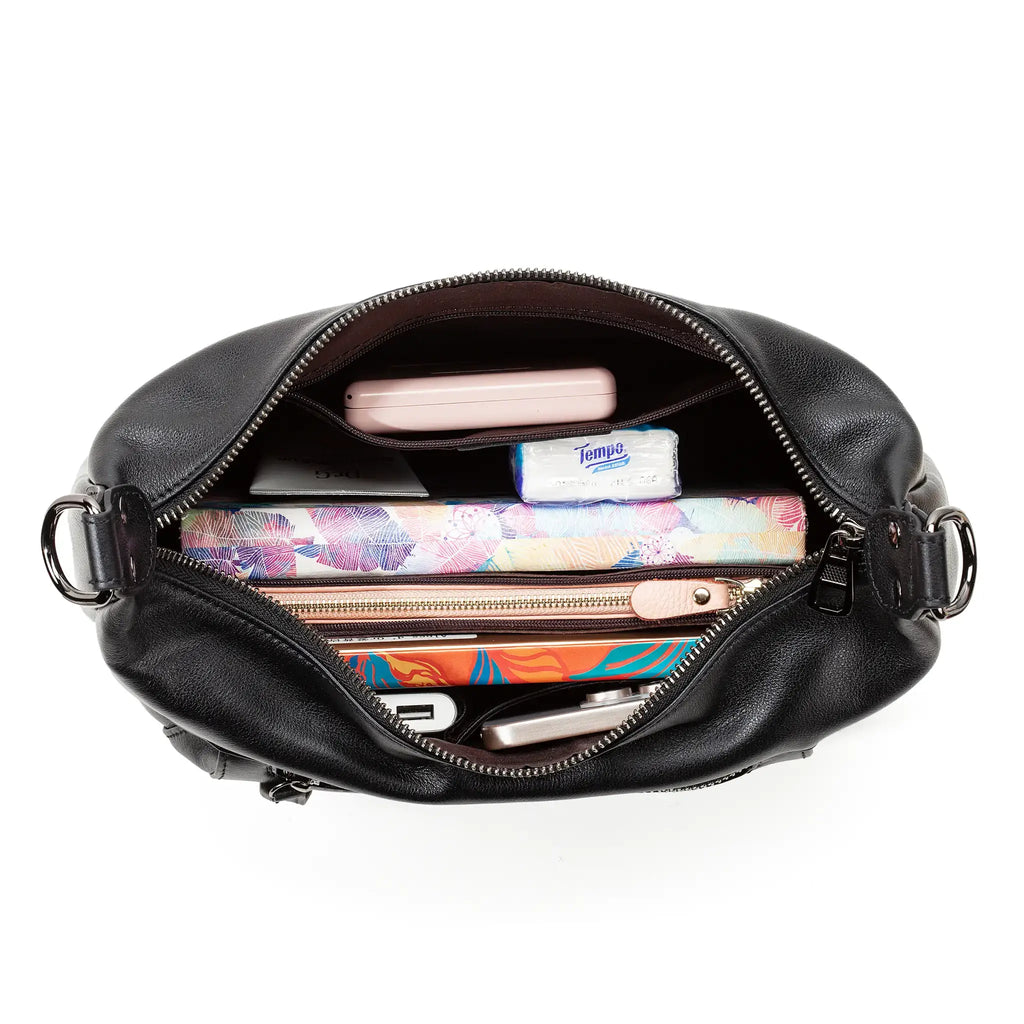 Spacious interior of daily black leather bag