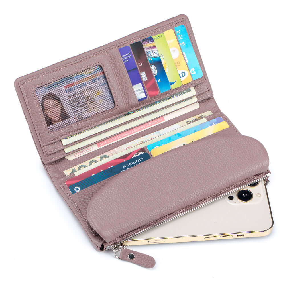 Spacious leather long wallet with organized compartments for cash and cards.