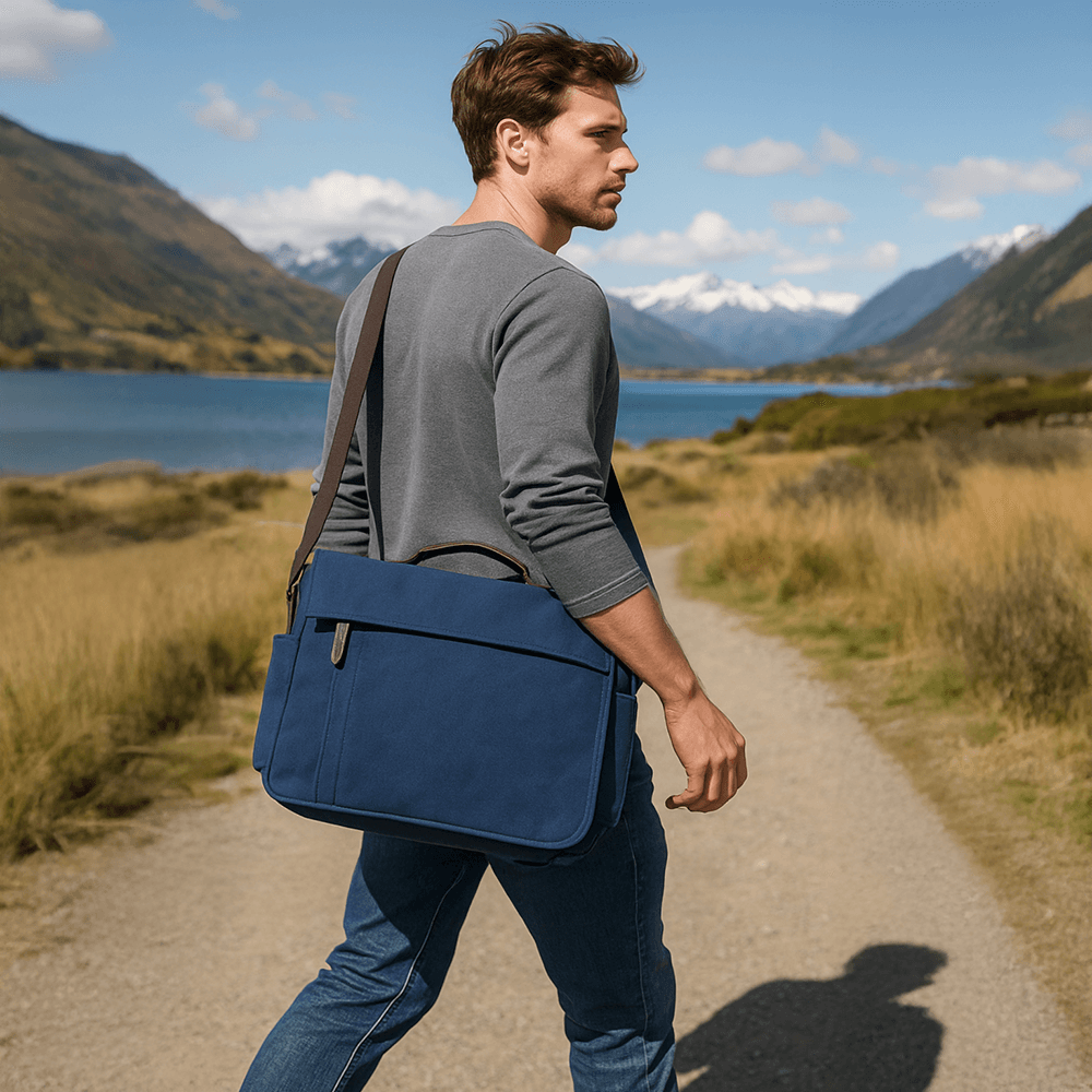 Spacious men's canvas messenger bag with ample storage for a 17-inch laptop.