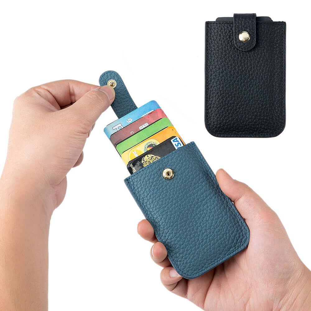 Leather stretch wallet shown in black and blue colour options.