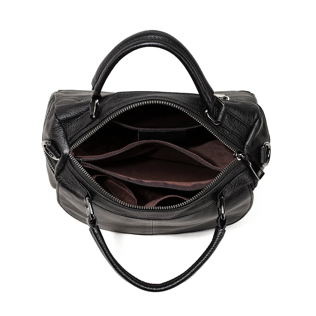 Structured black leather handbag with clean stitch lines.