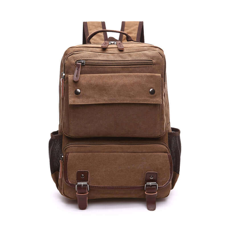 Stylish canvas backpack for daily use, fits 14-inch laptop with various pockets.