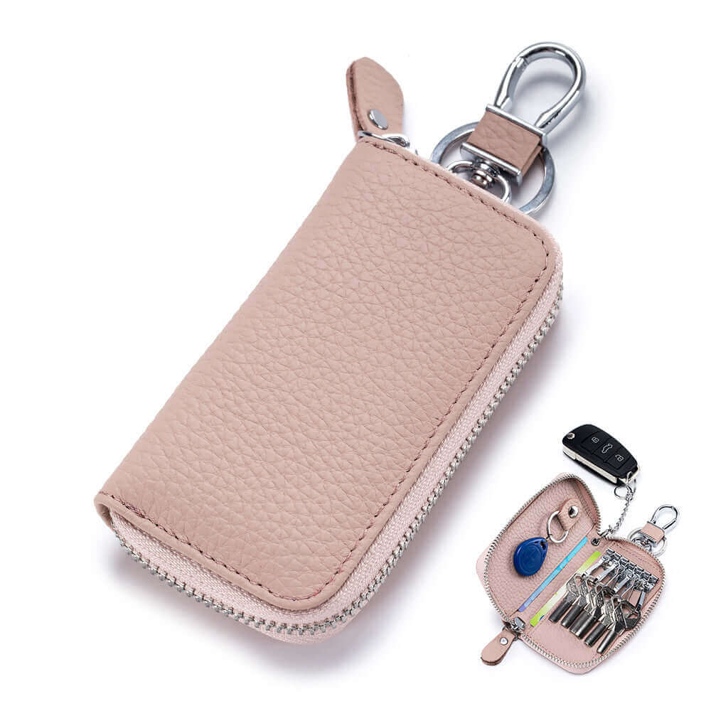 Stylish leather key holder wallet with zipper closure.