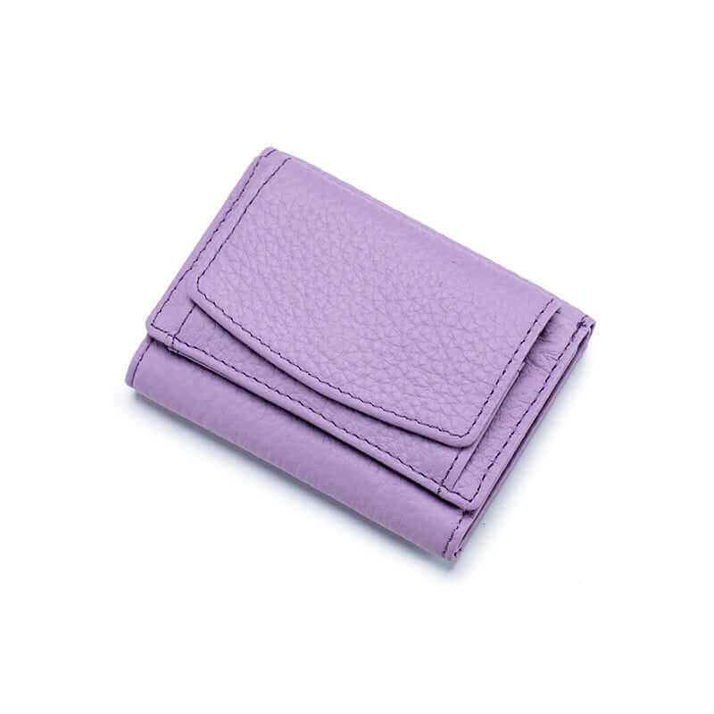 Stylish RFID leather wallet in purple with 1 money holder and 6 card slots for convenient storage.