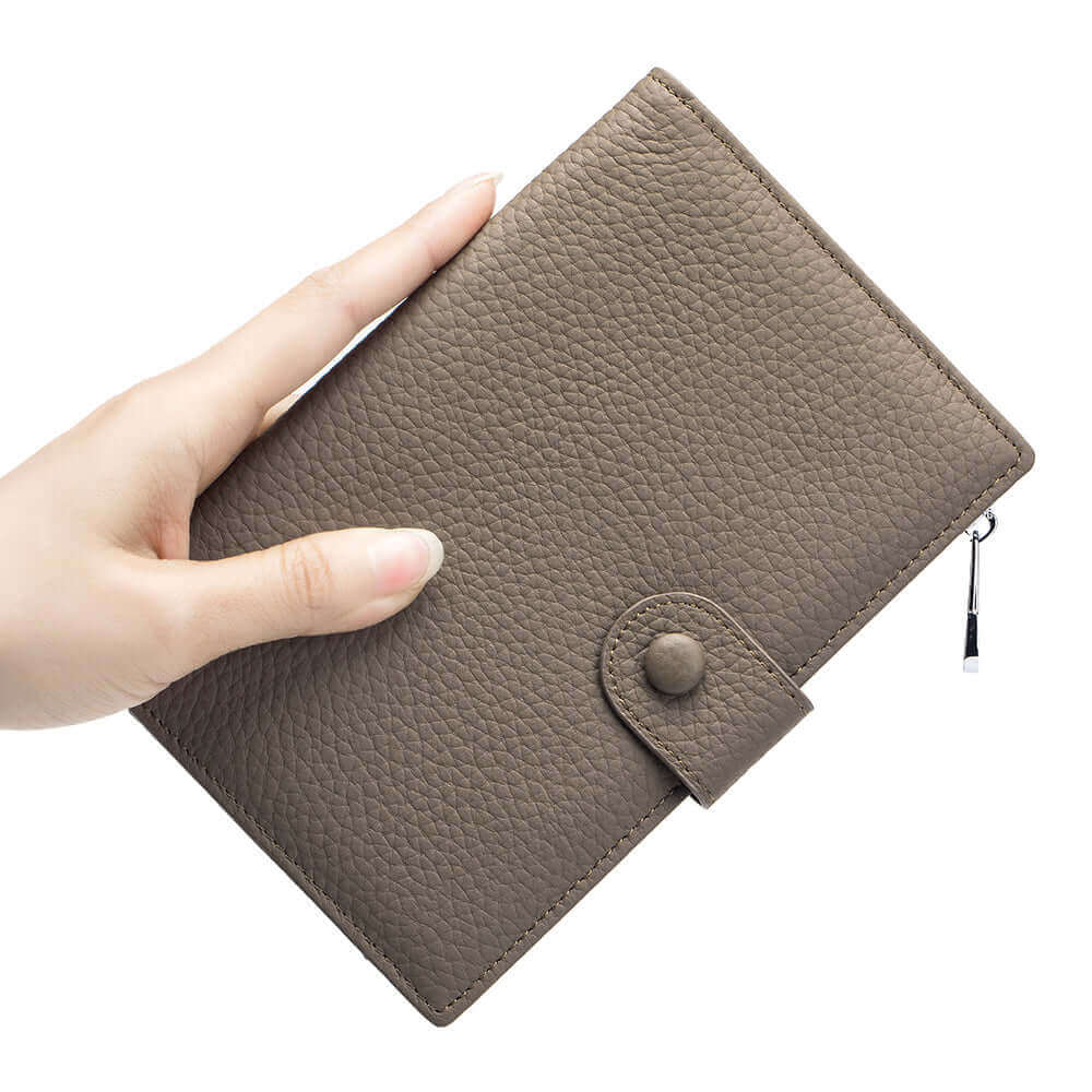 Stylish RFID-protected leather passport wallet in khaki.