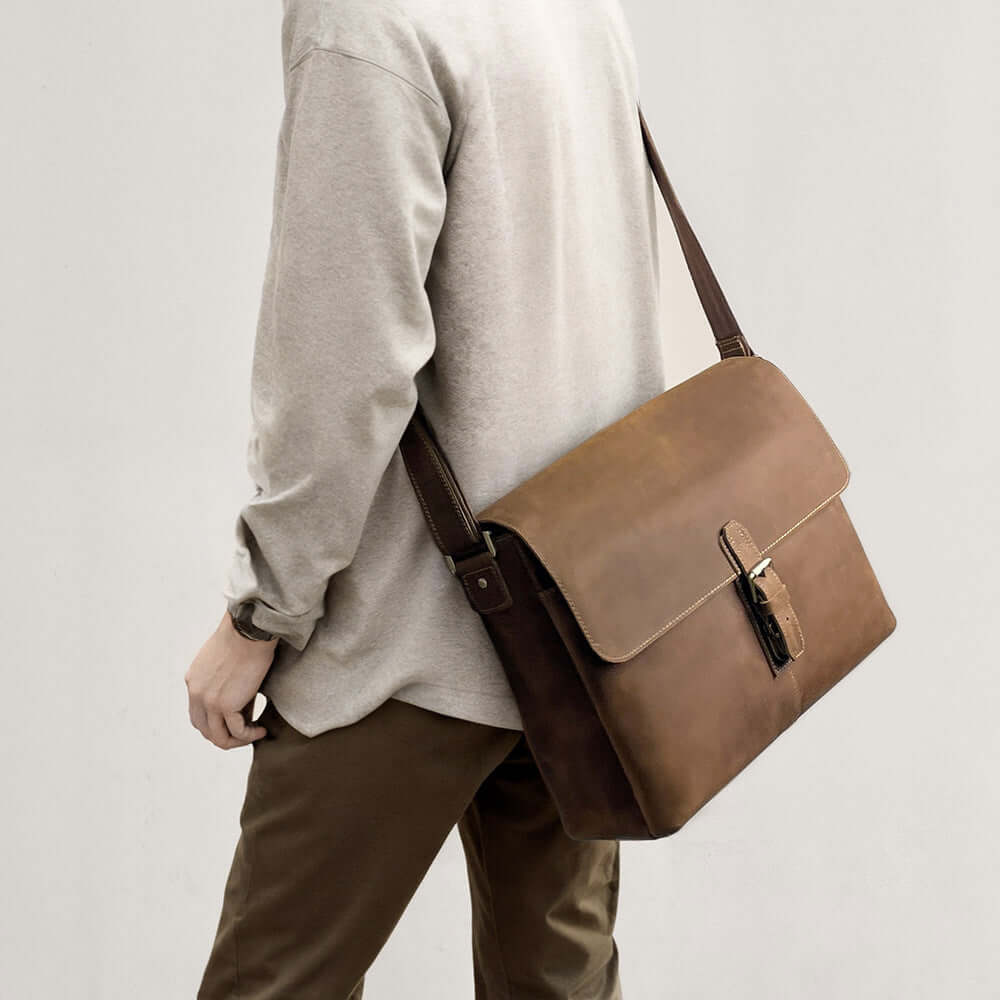 Stylish vintage leather messenger bag for men.