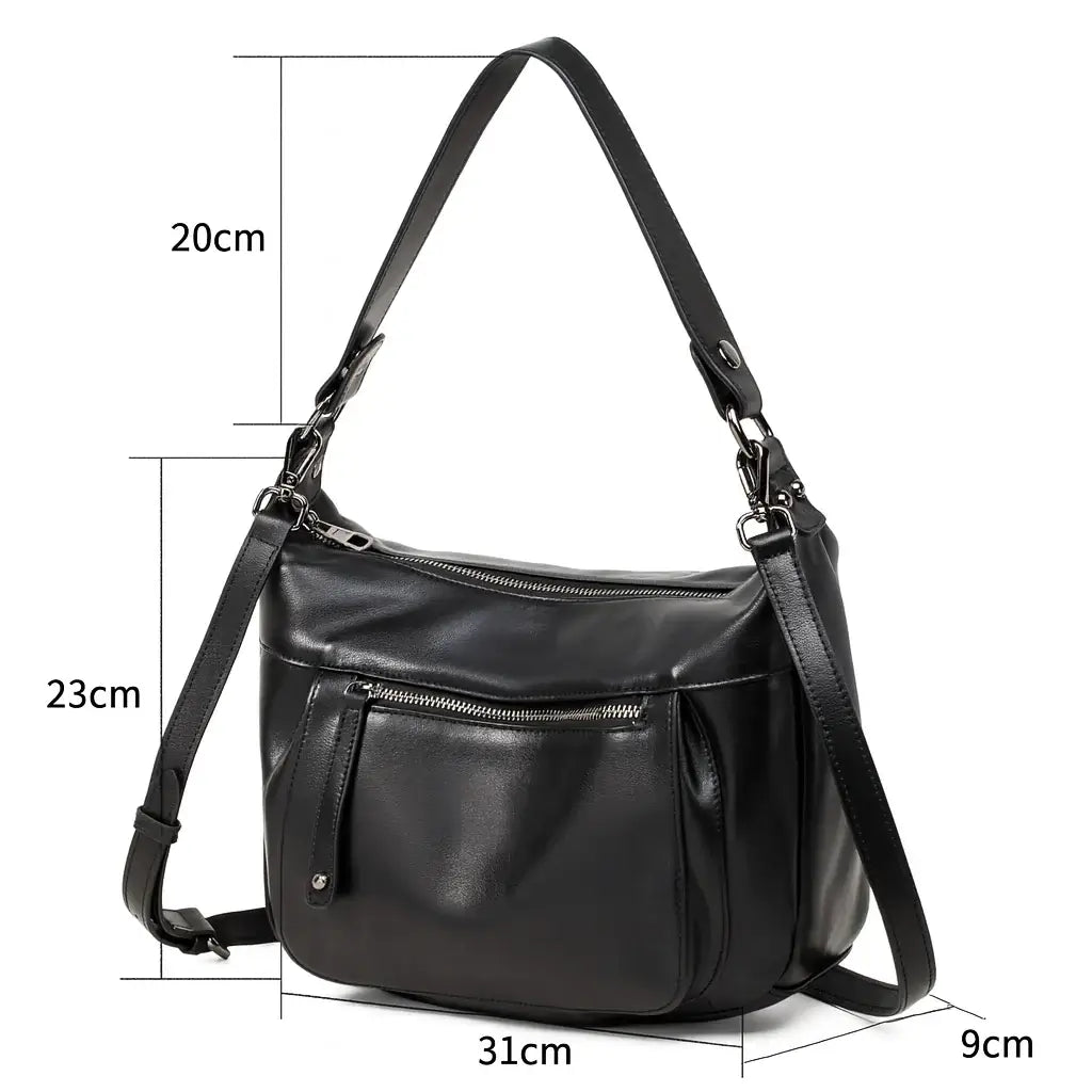 Black handbag with measurements