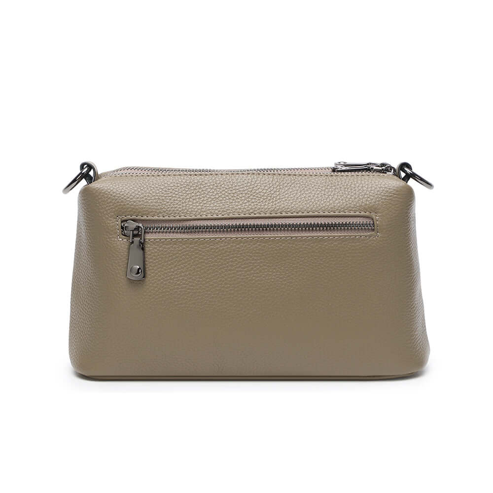 Back view of the taupe leather bag.