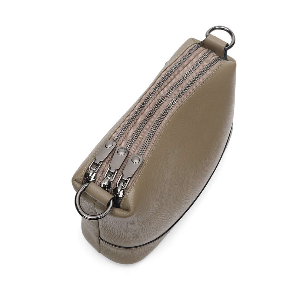 Top view showing triple zipper compartments.