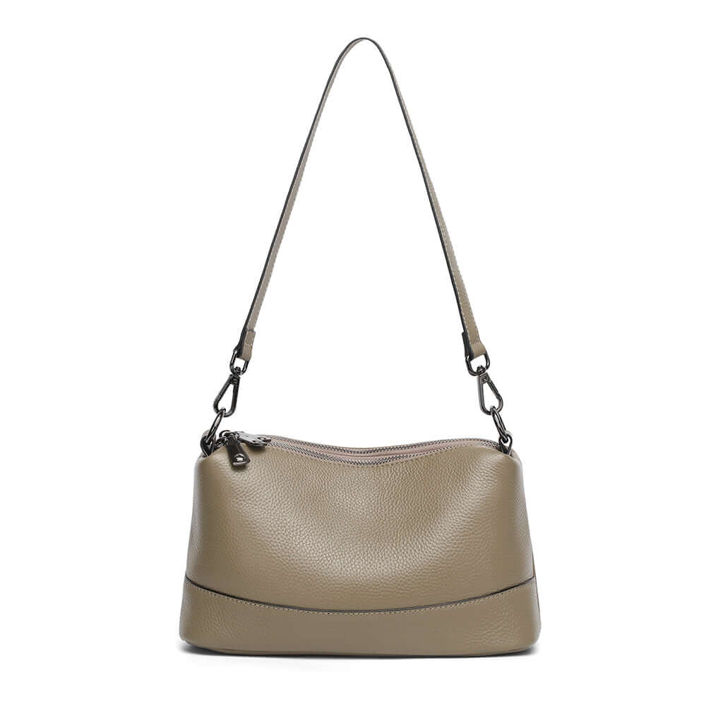Taupe leather bag with short strap.