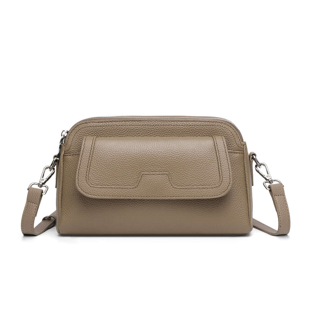 Taupe leather crossbody bag front view for women.
