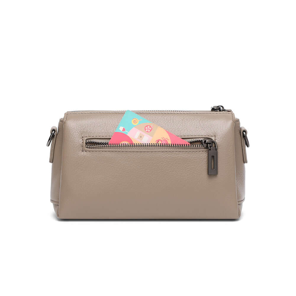 Back view of the taupe leather bag.