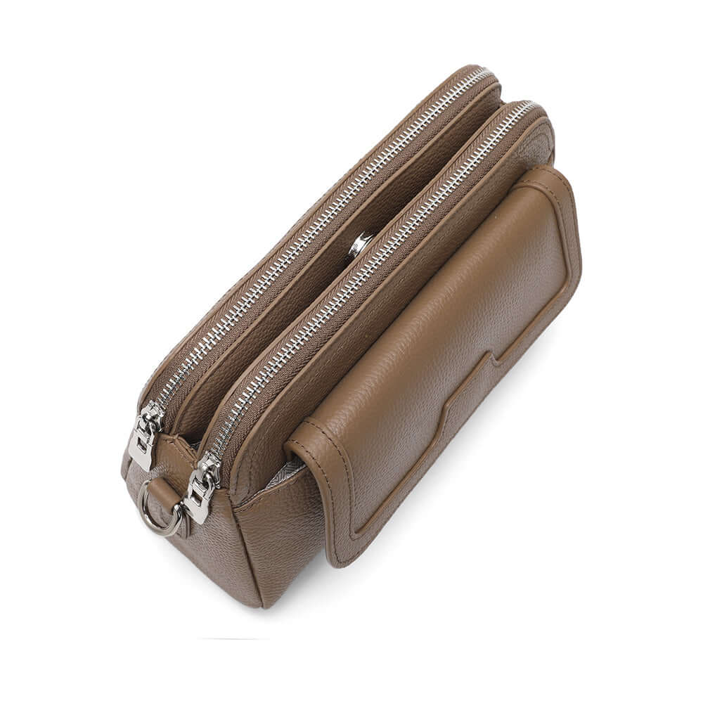 Top view of the leather taupe shoulder bag.