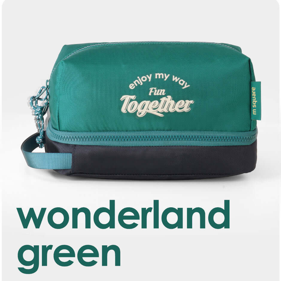 Green travel toiletry bag with wet and dry compartments.