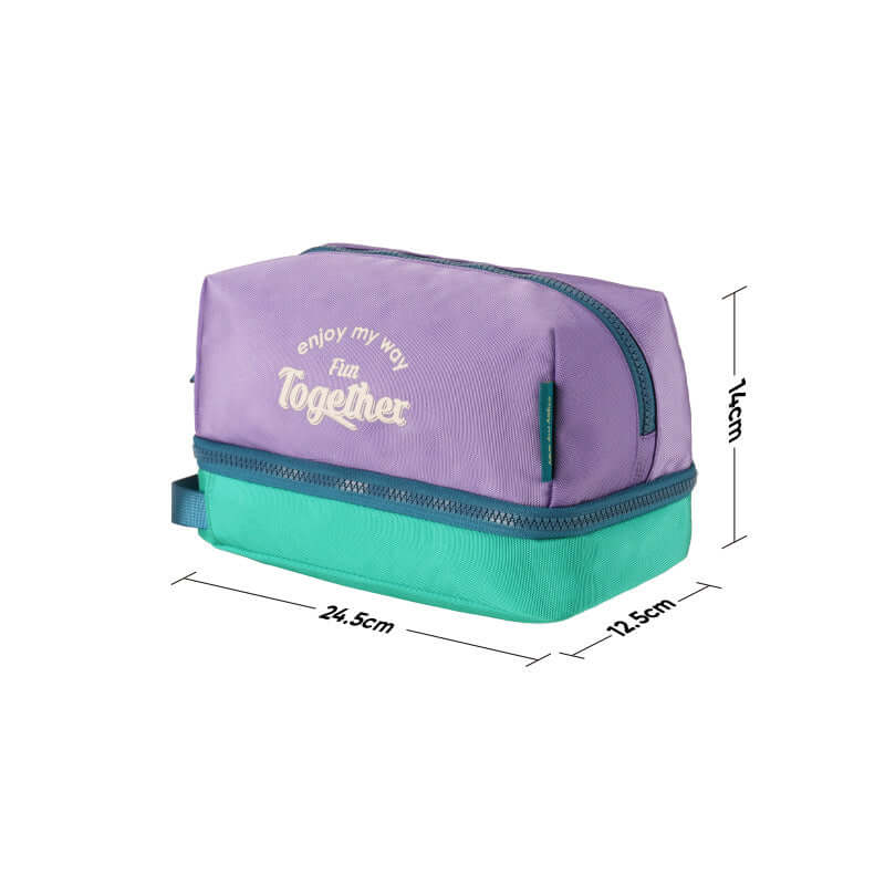 Dual compartment design in travel toiletry bag for convenience.