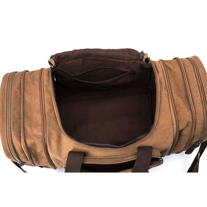 Open view of the travel canvas duffle bag.