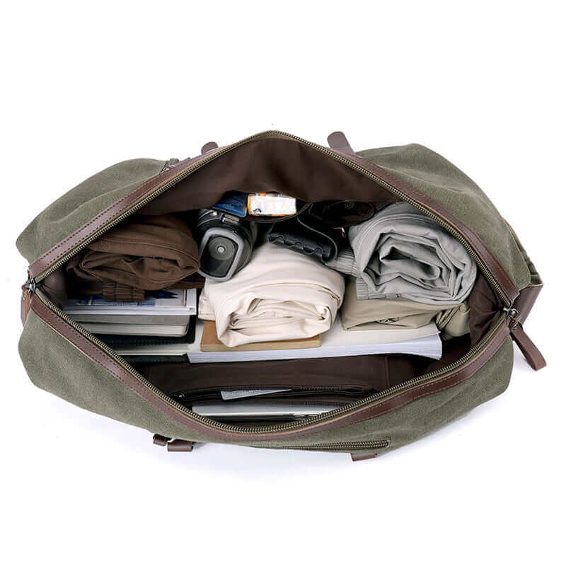 Interior view of the travel canvas duffle bag.