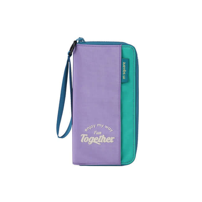 Purple and turquoise travel organizer wallet with secure compartments.