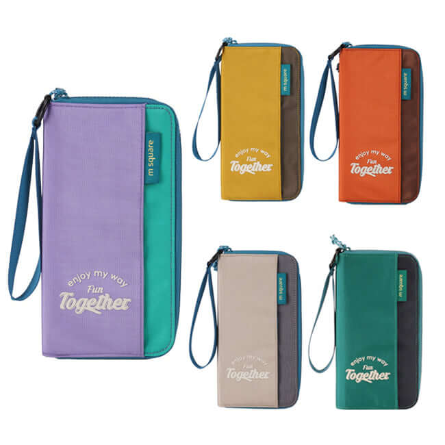 Colorful travel passport wallet with wrist strap for convenience.