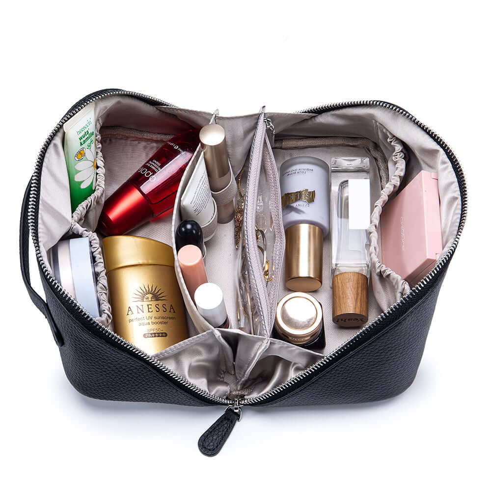 Spacious leather travel toiletry bag capacity
