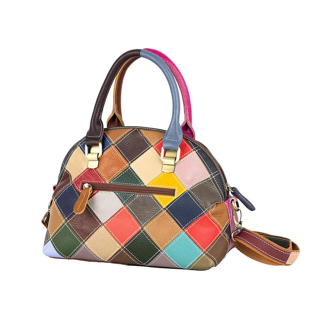 Unique butterfly pattern handbag with colorful patchwork design.