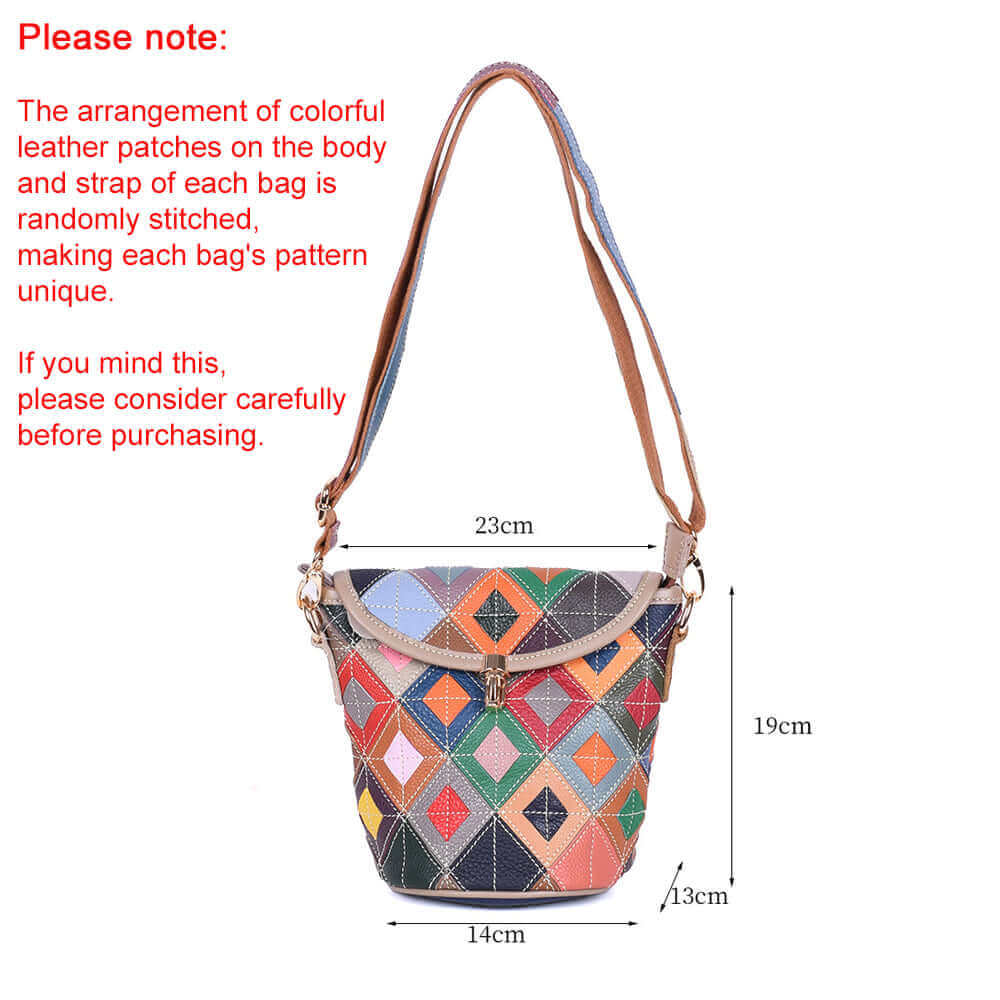 Unique patchwork leather crossbody bag showcased in New Zealand