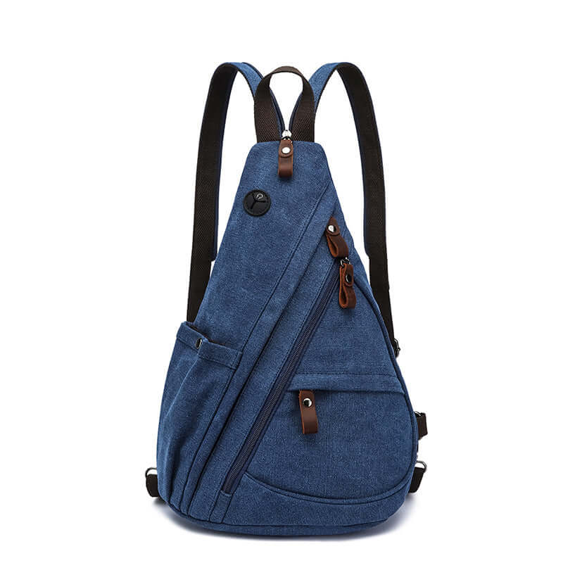 Unisex blue sling bag made of durable canvas with leather detail