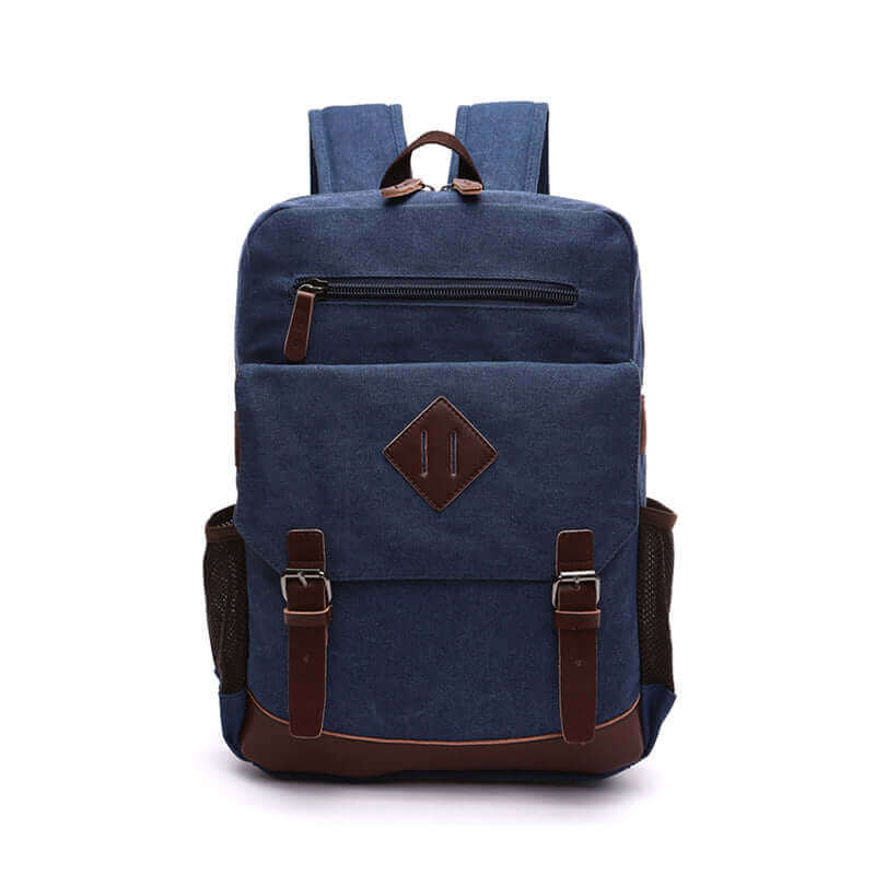 Versatile canvas backpack front view with multiple pockets and stylish design.