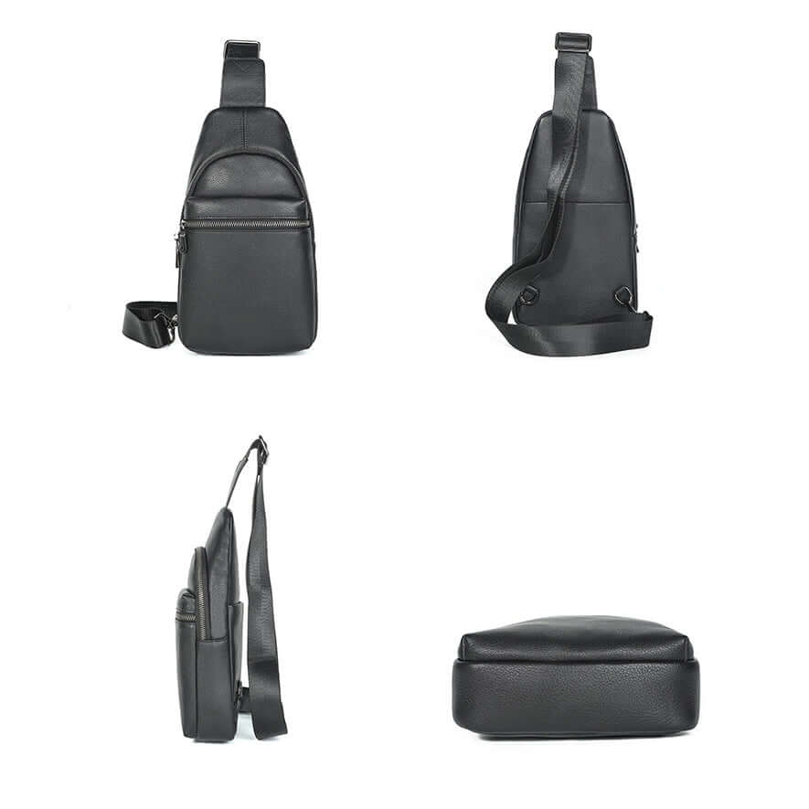 Men's versatile black leather sling bag with an adjustable strap.