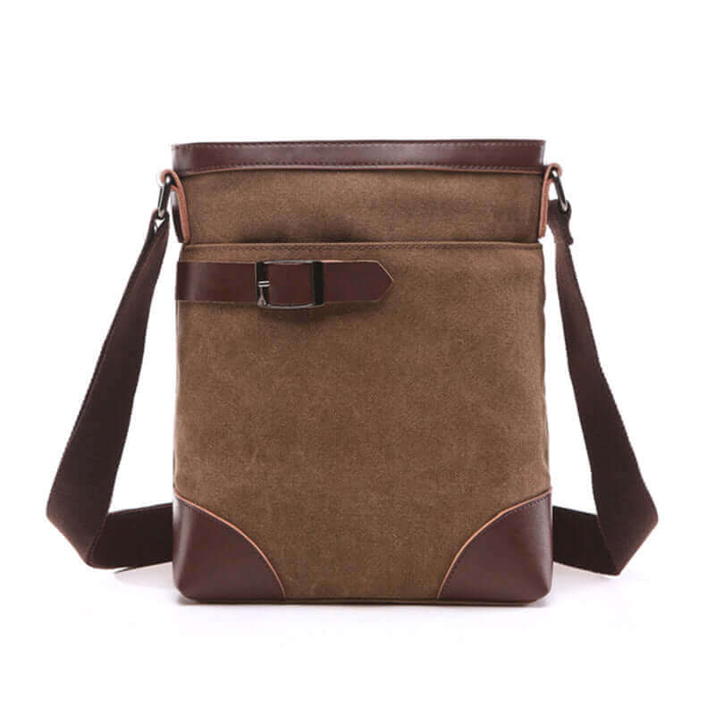 Versatile men's canvas bag with leather trim and buckle.