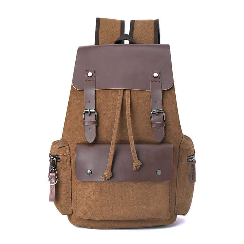 Vintage style canvas backpack in coffee color with leather flap and buckle design, perfect for daily use.