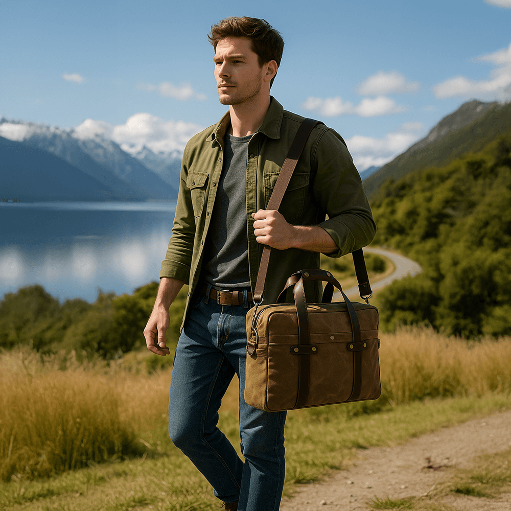 Canvas leather briefcase for men - 15.6 inch