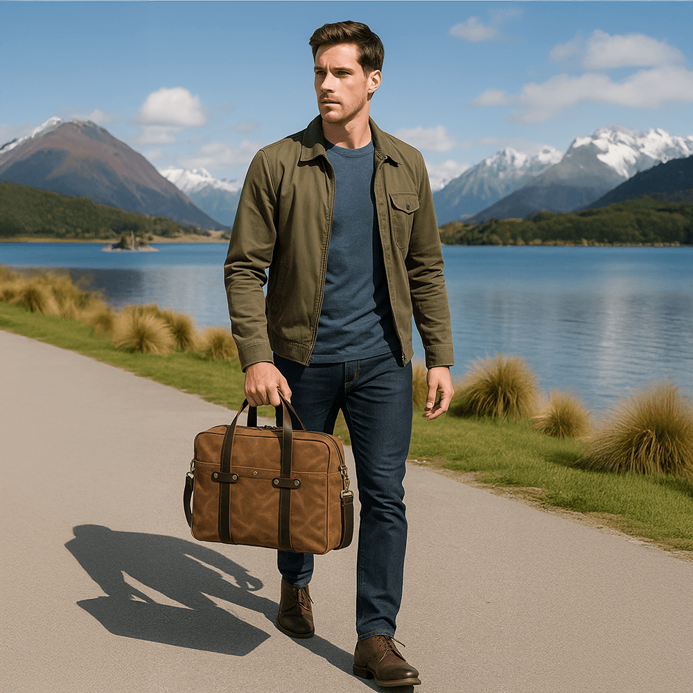 Men’s canvas laptop briefcase in brown with Crazy Horse leather - NZ