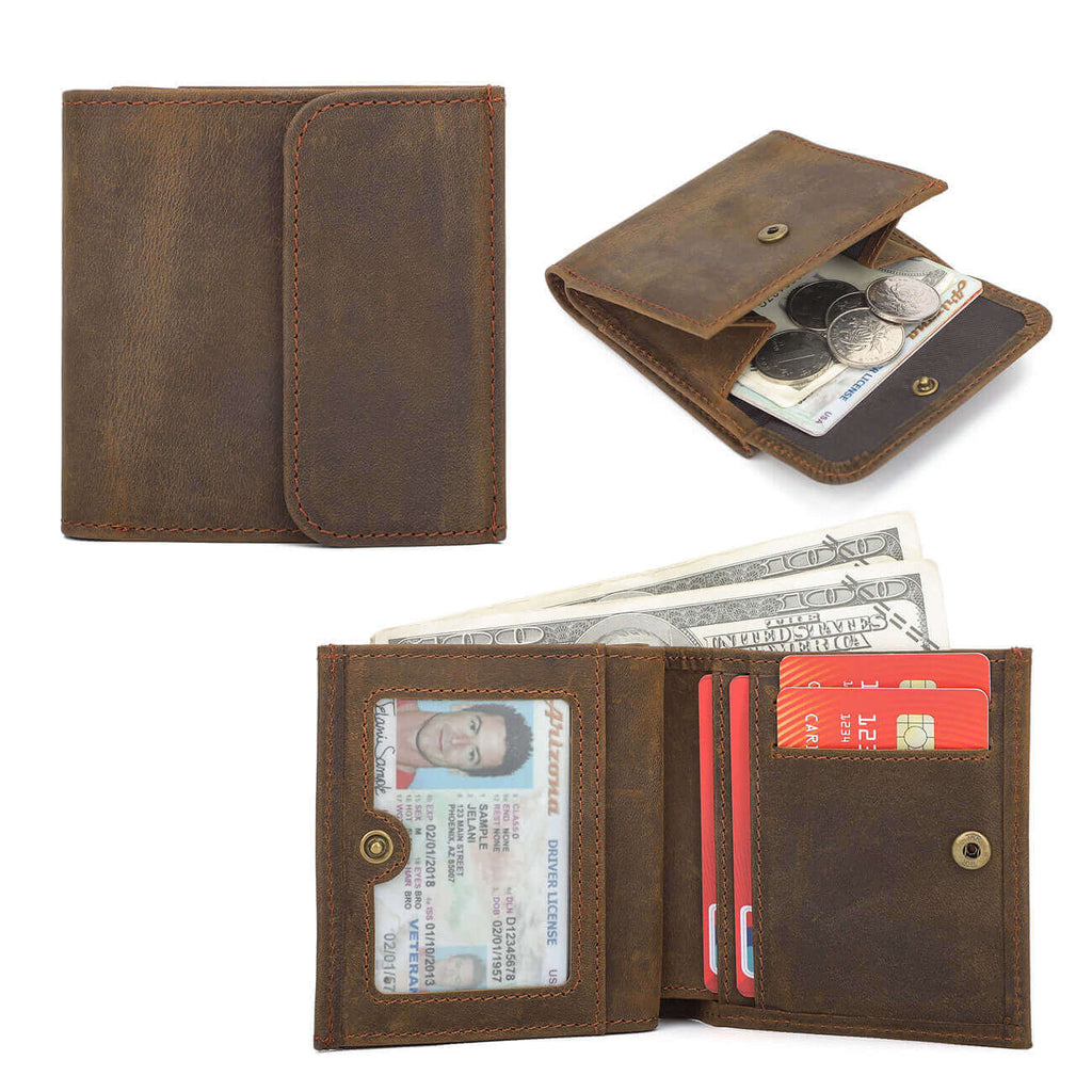 Vintage Crazy Horse leather RFID wallet for men with compact design.