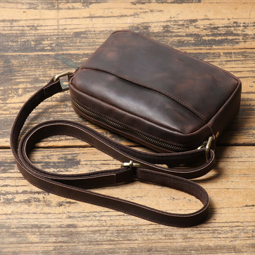 angled view of vintage small leather shoulder bag