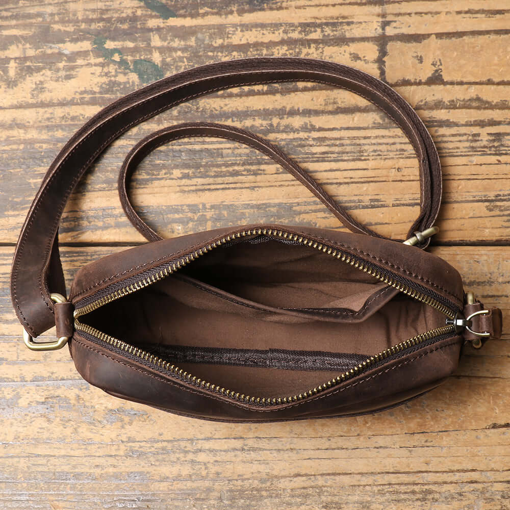 top view of vintage leather mini crossbody bag