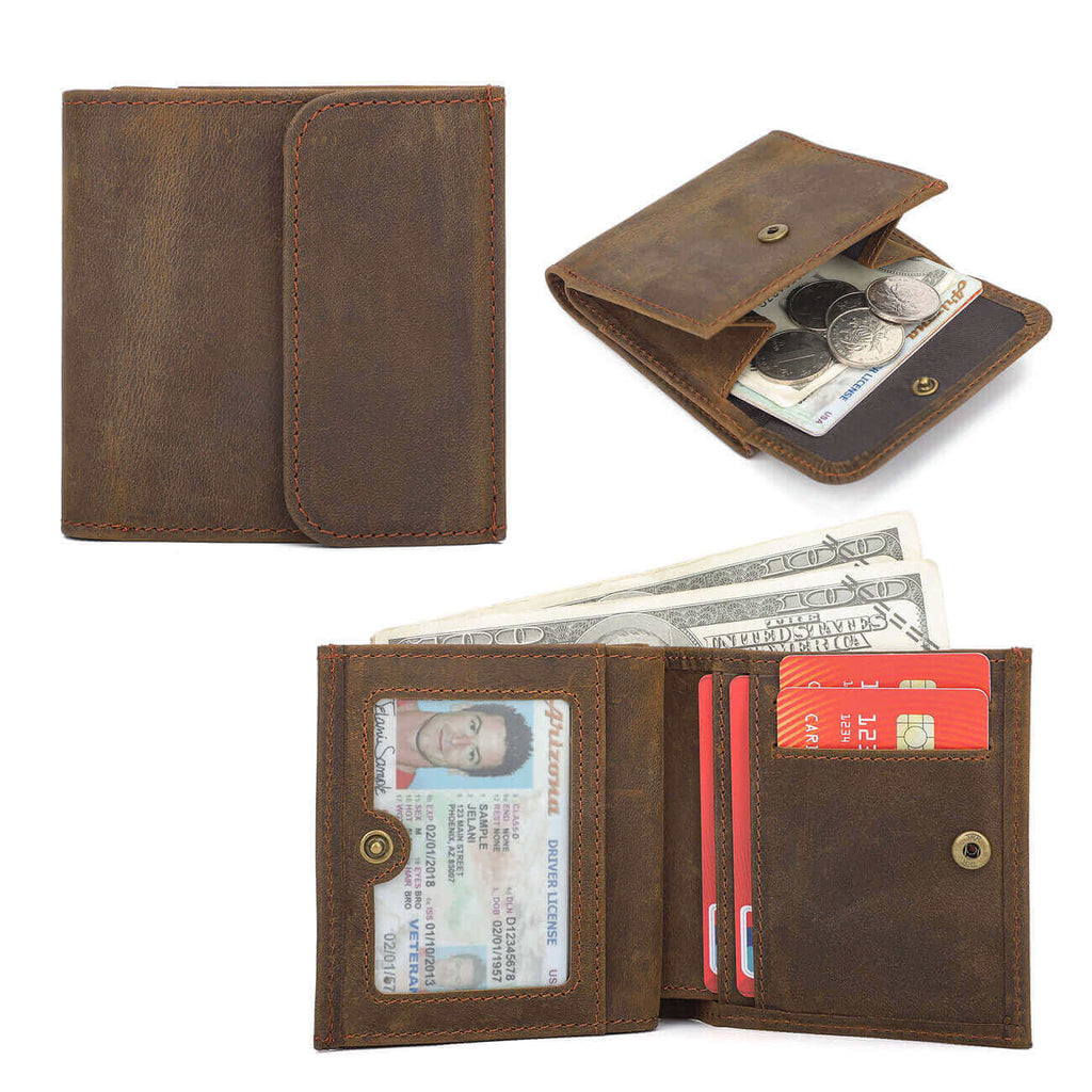 Vintage leather RFID wallet with compact design.
