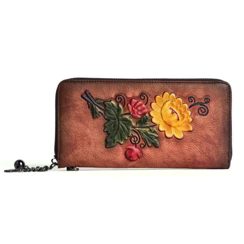 Front view of vintage embossed leather wallet for women