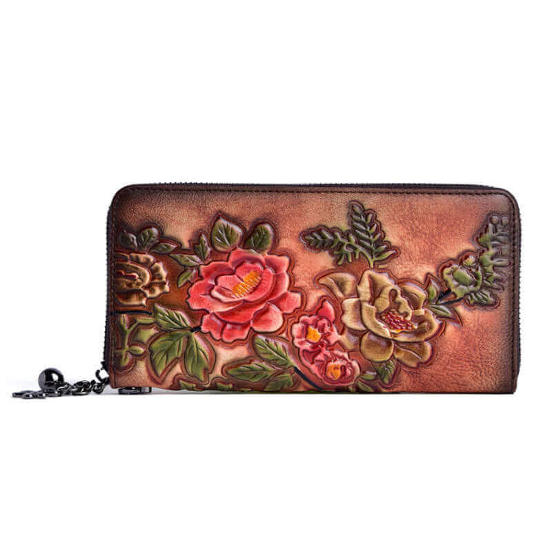 Front view of vintage embossed leather long wallet