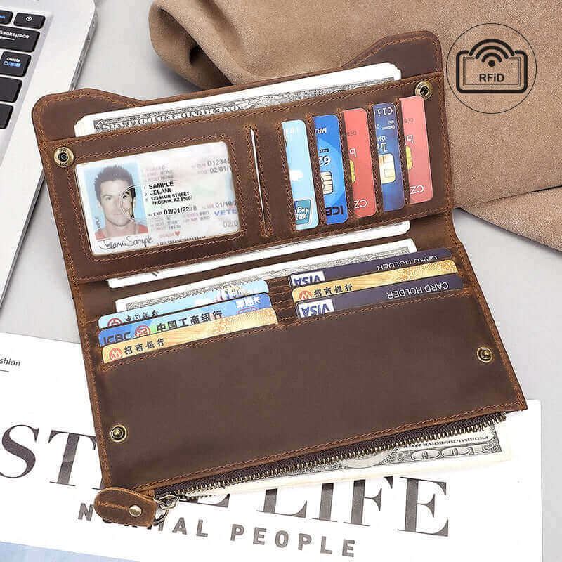 Open view of RFID-secure leather wallet