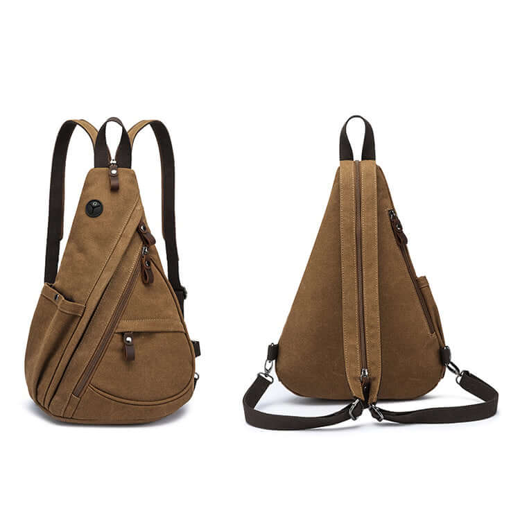 Vintage-inspired sling bag with brown straps and canvas body