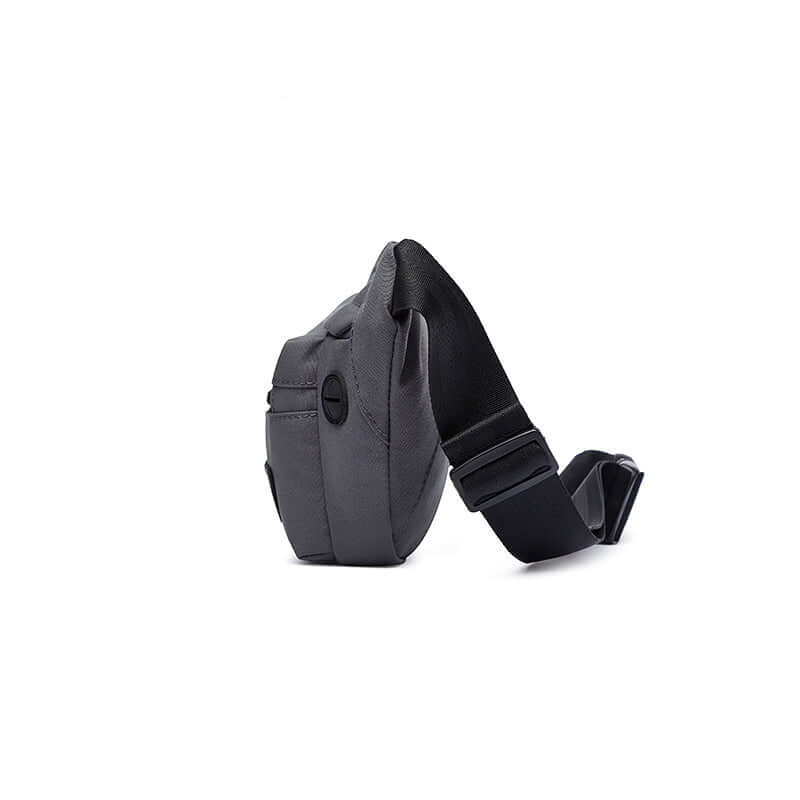 Adjustable strap grey waist pack for men with front zippers.