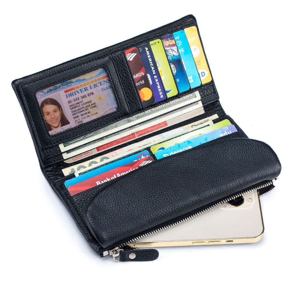 Leather wallet with concealed magnetic closure for a seamless appearance.