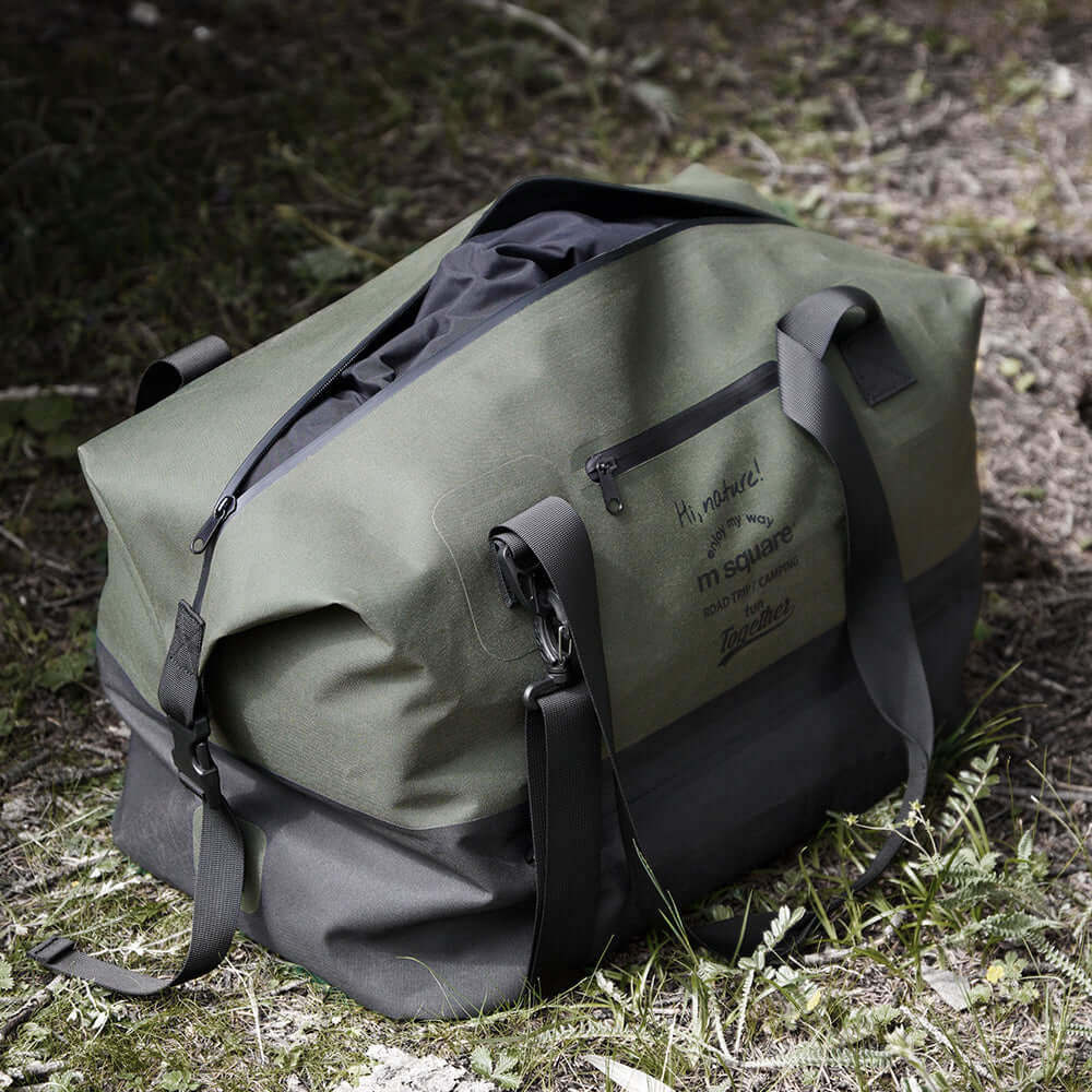 Large-capacity waterproof duffle bag expanded for outdoor travel.