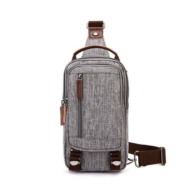 Front view of waterproof small sling bag in grey, ideal for men and women in New Zealand.